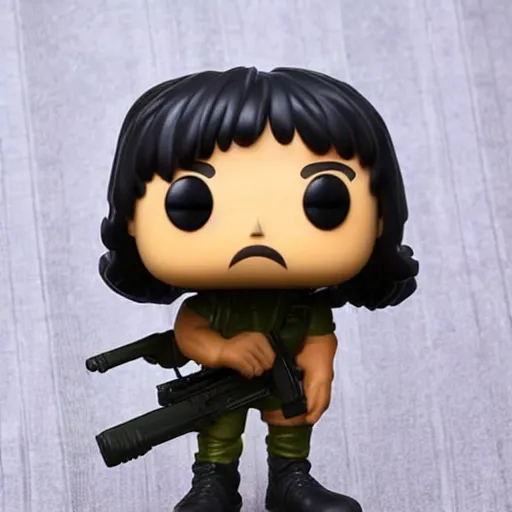 Image similar to a Funko Pop collectible of Rambo. headband. holding in one hand automatic rifle. no text