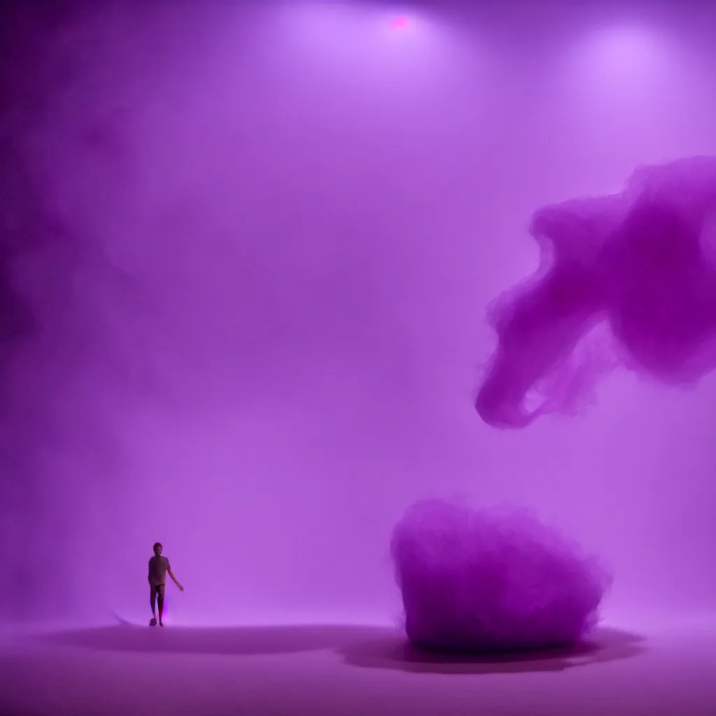 Prompt: cinestill of a giant form made of purple wax float through the living room and purple foam fog film still from the movie directed by david lynch with art direction, 8 k, hd, high resolution, blur, depth field 3 5 mm, f / 3 2, ultra realistic faces, lost highway