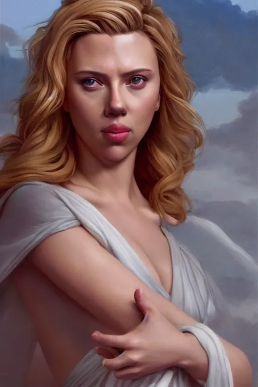 Prompt: Scarlett Johansson a a Greek Goddess , anatomy, only two hands, highly detailed, digital painting, artstation, concept art, smooth, sharp focus, illustration, Unreal Engine 5, 8K, art by art by artgerm and greg rutkowski and edgar maxence