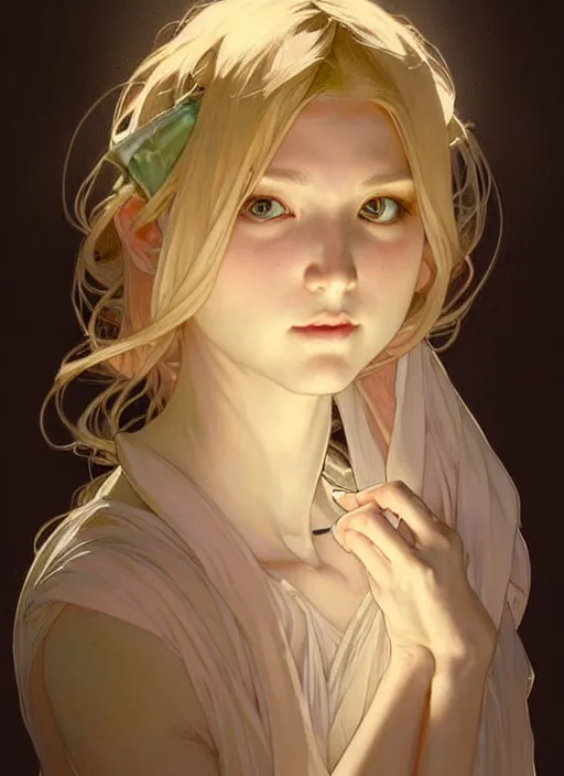 Image similar to digital character concept art by artgerm and greg rutkowski and alphonse mucha. clear portrait taken in 2 0 2 2 of a young wife blessed by god to uncontrollably become overwhelmingly perfect!! blonde, clothed! obviously feminine holy body!! light effect. hyper detailed, glowing lights!! intricate, elegant, digital painting, artstation, smooth, sharp focus