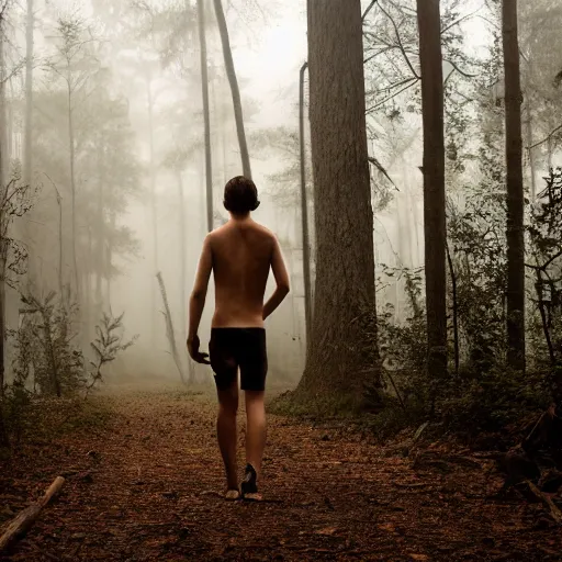 Prompt: pale, shirtless, teenage boy with natural brown hair and dirty face is hunting in eerie forest. twilight, foggy. photo 8 k.