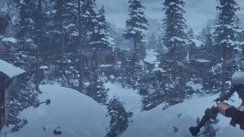 Image similar to Screenshot from Nier Automata, beautiful landscape at a ski resort