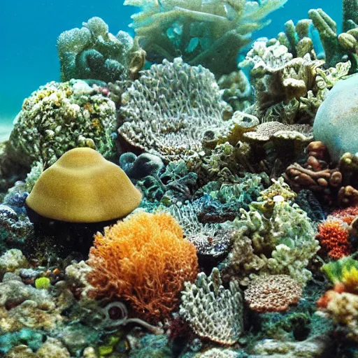 Image similar to a beautiful render of an underwater seabed habitat with seaweed, molluscs, reef