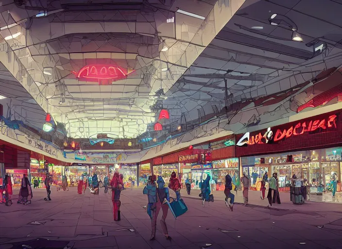 Image similar to large shopping mall center. sharp focus, cinematic pose, cinematic lighting, unreal engine render. art by josan gonzales and moebius and deathburger.