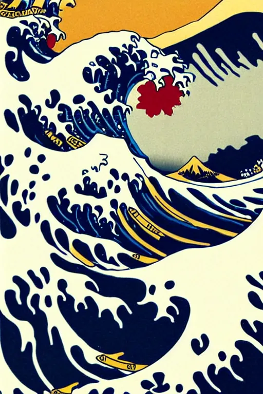 Prompt: Shepard Fairey The Great Wave off Kanagawa, sun in the background