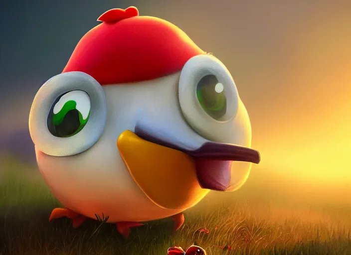 Image similar to angry bird sitting next to a mushroom, golden hour, fantasy, sharp focus, digital art, hyper realistic, 4 k, unreal engine, highly detailed, hd, dramatic lighting by brom, trending on artstation