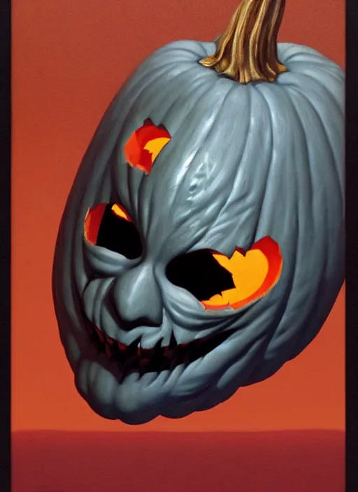 Image similar to Portrait of Pumpkin mask from Halloween III (1982), detailed, coherent, painted by Edward Hopper, Wayne Barlowe, James Gilleard, airbrush, art by James Jean