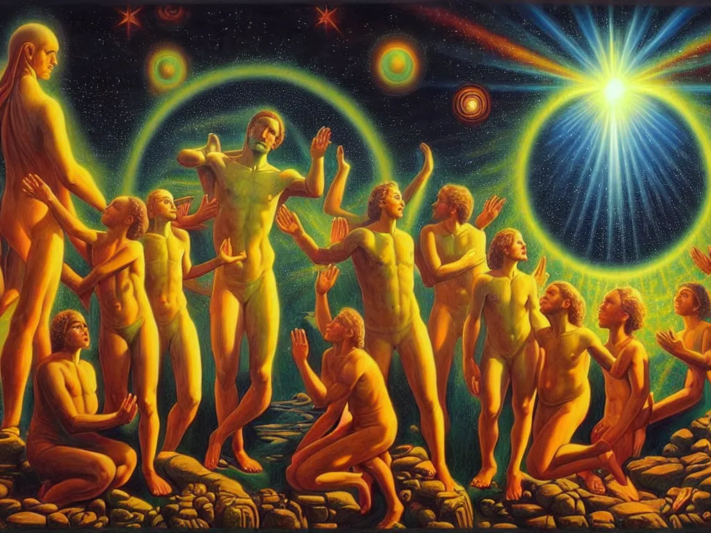 Prompt: a beautiful scenery of humanity evolving into god like beings, spiritual science, divinity, utopian, by david a. hardy, wpa, public works mural, socialist