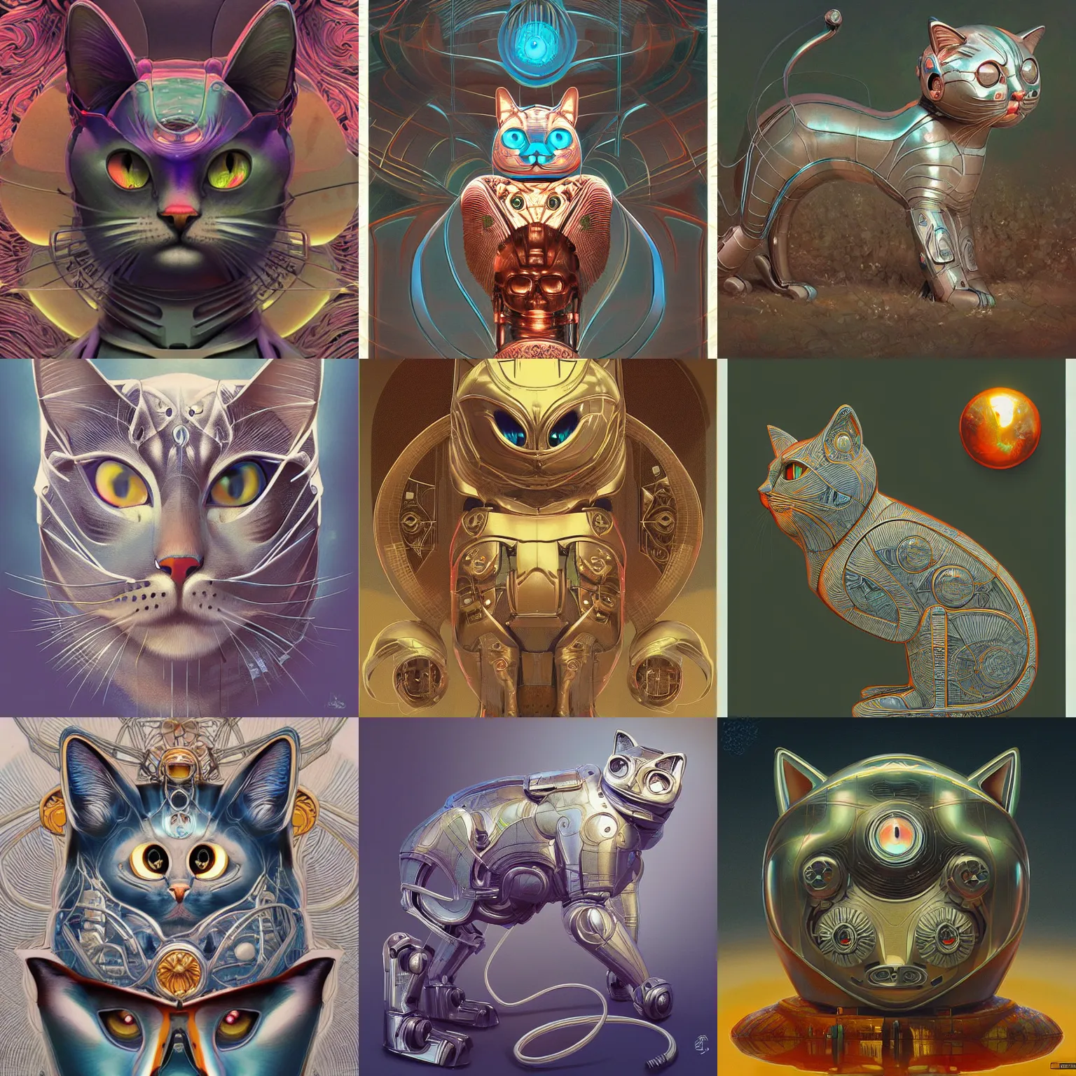 Prompt: Cat robot, art deco design, by Mandy Jurgens and Warhol, Ernst Haeckel, James Jean, artstation, concept art