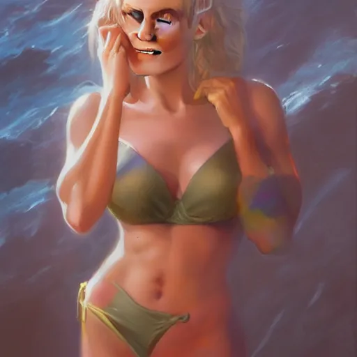 Image similar to A beautiful oil painting of a pretty anime girl Margot Robbie in bikini, by Lucas Graciano, Frank Frazetta, Greg Rutkowski, Boris Vallejo, epic, fantasy, character art, high fantasy