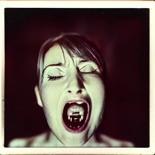 Prompt: eyes peering from inside mouth. portrait of a screaming women. hq photo, surreal, harsh lighting. polaroid type 6 0 0. fear. unnerving. menacing. supernatural