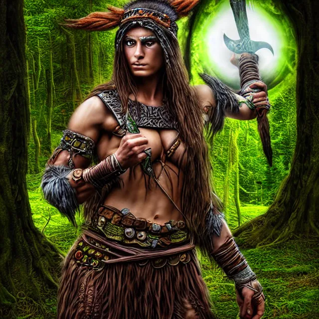 Image similar to druid warrior with earth powers, highly detailed, 4 k, hdr, smooth, sharp focus, high resolution, award - winning photo, anne stokes, photorealistic