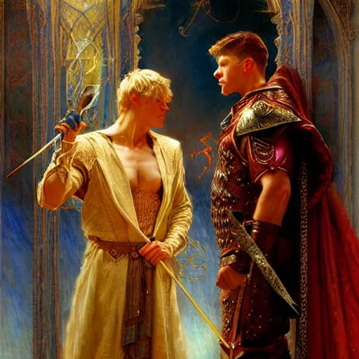 Image similar to attractive, arthur pendragon in love with attractive male, merlin the mage. highly detailed painting by gaston bussiere, craig mullins, j. c. leyendecker