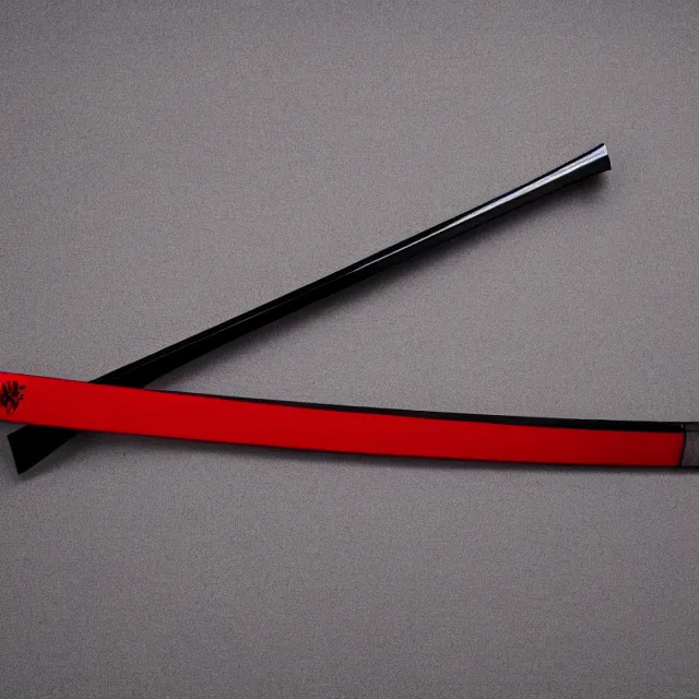 Prompt: a black and red katana, half way in it's sheathe, studio lighting