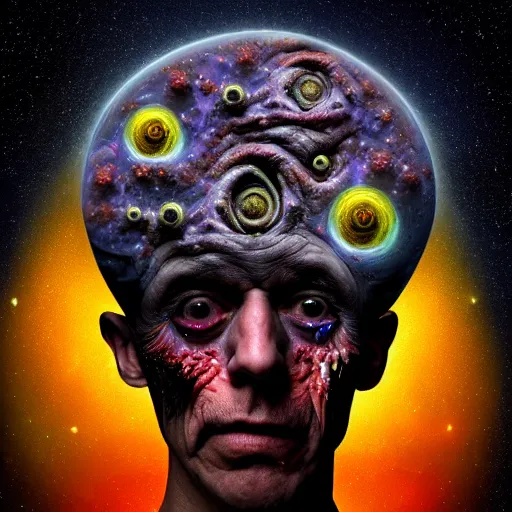 Image similar to a cosmic horror monstrosity on top of joe rogans head, matte oil painting, extremely detailed, disturbing, conspiracies, 4 k, 8 k,