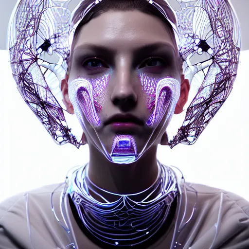 Prompt: portrait of an absurdly beautiful, graceful, sophisticated, fashionable cyberpunk mechanoid, hyperdetailed illustration by irakli nadar, matt wisniewski style, intricate linework, white porcelain skin, iridescent fractal headdress, day - glow face paint, jellyfish electronic collar, unreal engine 5 highly rendered, global illumination, radiant light, detailed and intricate environment