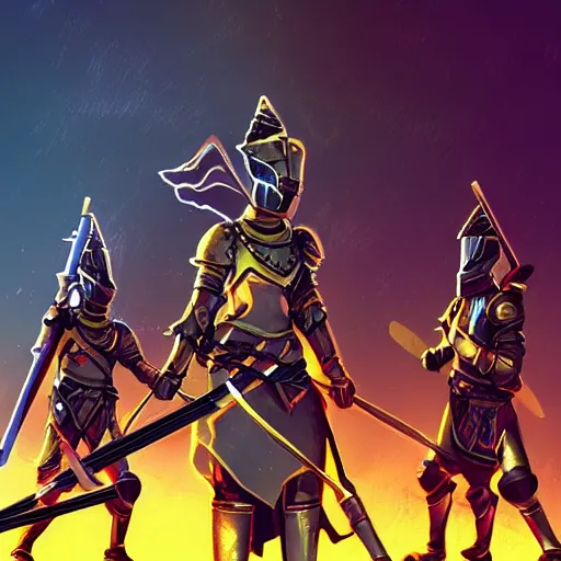 Image similar to female knight with an electric longsword rallies a band of troops, dramatic, fantasy character portrait, dynamic lighting, illustration, digital art, colorful