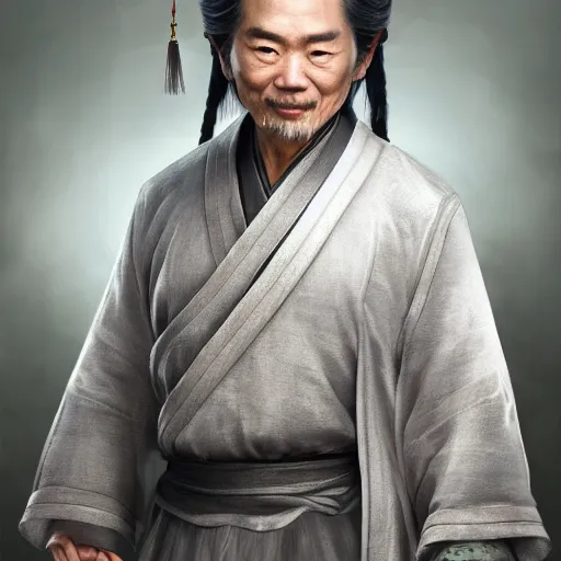 Image similar to portrait painting of a 6 0 year old kind handsome taoist priest, silver ponytail hair, amiable by yangjun chen, huang guangjian, fenghua zhong, wenjun lin, nadar, bright colors, octopath traveler, unreal engine 5 highly rendered, global illumination, radiant light, detailed and intricate environment