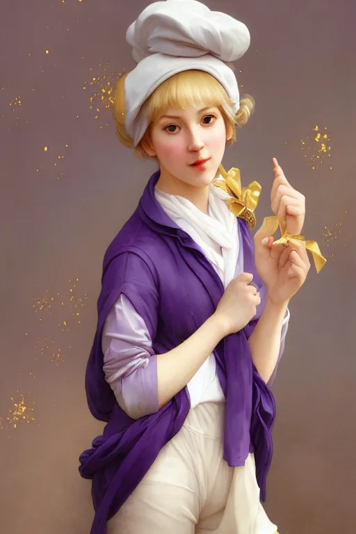 Image similar to Full View girl with short blond hair wearing an oversized purple Beret, Baggy Purple overall shorts, Short Puffy pants made of silk, silk shoes, a big billowy scarf, Golden Ribbon, and white leggings Covered in stars. Short Hair. masterpiece 4k digital illustration by Ruan Jia and Mandy Jurgens and Artgerm and william-adolphe bouguereau, award winning, Artstation, art nouveau aesthetic, Alphonse Mucha background, intricate details, realistic, panoramic view, Hyperdetailed, 8k resolution, intricate art nouveau