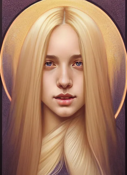 Image similar to symmetrical beautiful face, portrait of young woman blessed by god with ever - increasing physical and mental perfection, blonde hair, perfect face!! intricate, elegant, highly detailed, vision of holy perfection!! smile, digital painting, artstation, concept art, smooth, sharp focus, illustration, art by artgerm and greg rutkowski and alphonse mucha