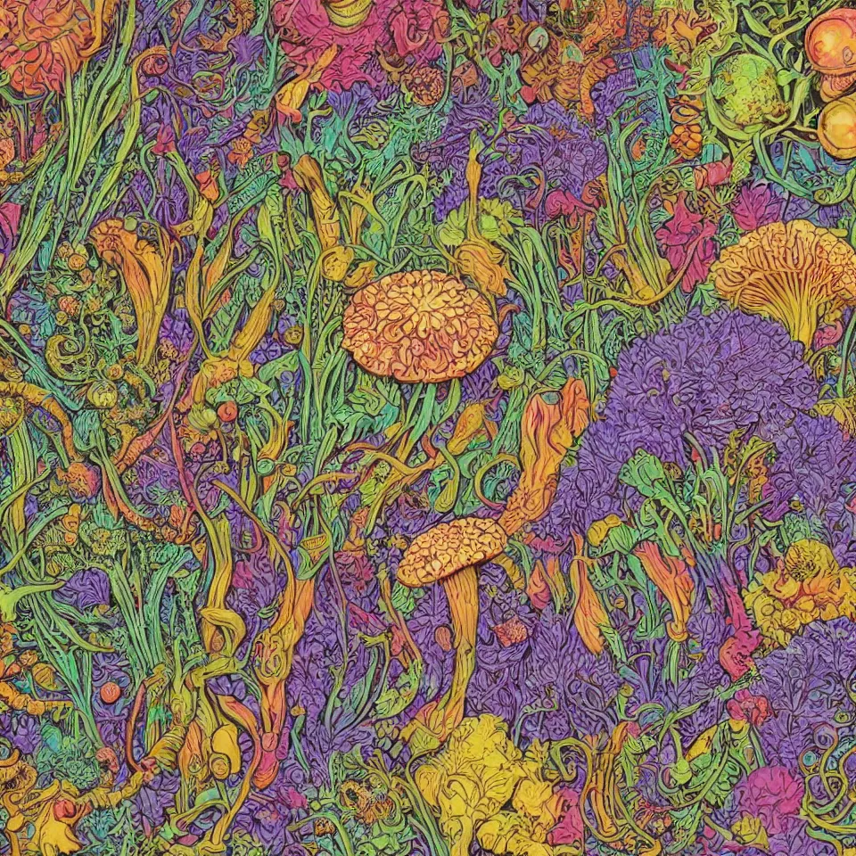 Prompt: colorful print of alien fungi botanical artwork, multicolor lino block print with vignettes, created by ernst haeckel, greg hildebrandt, mary delany, tiffany bozic in the style of painting toon shades, colorful ink, vibrant, pastel, colorful dark vector, smooth curves, graphical, detailed, trending in art station