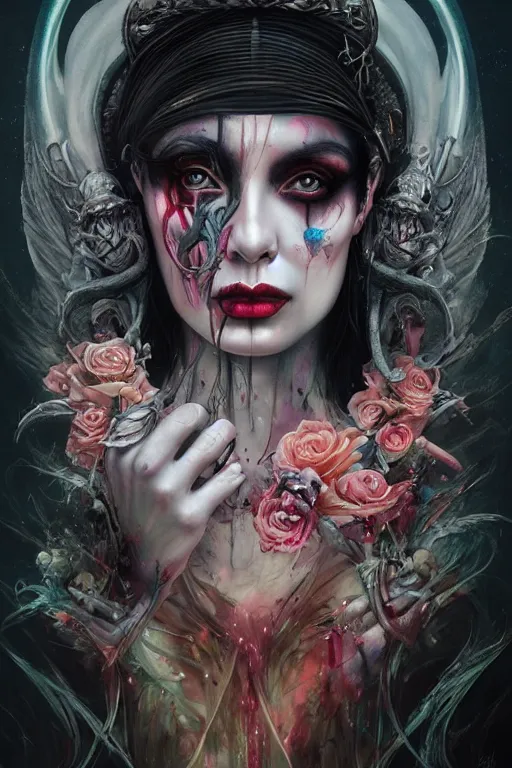 Prompt: dream portrait of the beautiful goddess death,full character, melting ,8k,by tristan eaton,Stanley Artgermm,Tom Bagshaw,Greg Rutkowski,Carne Griffiths, Ayami Kojima, Beksinski, Giger,trending on DeviantArt,face enhance,hyper detailed,minimalist,horror, android, full of colour