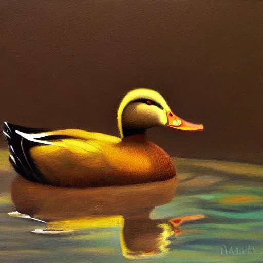 Prompt: a duck on the prowl oil painting Jacob Collins