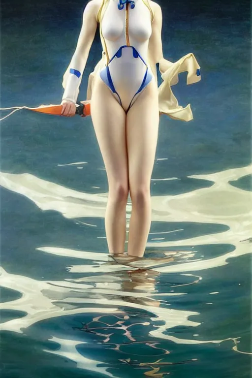 Image similar to a beautiful ayanami rei wearing a plugsuit emerging from the water, oil on canvas, sensuality, artstation, by j. c. leyendecker and edmund blair leighton and charlie bowater, instagram photo