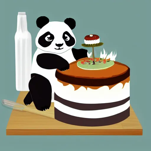 Prompt: a panda making a cake, digital art