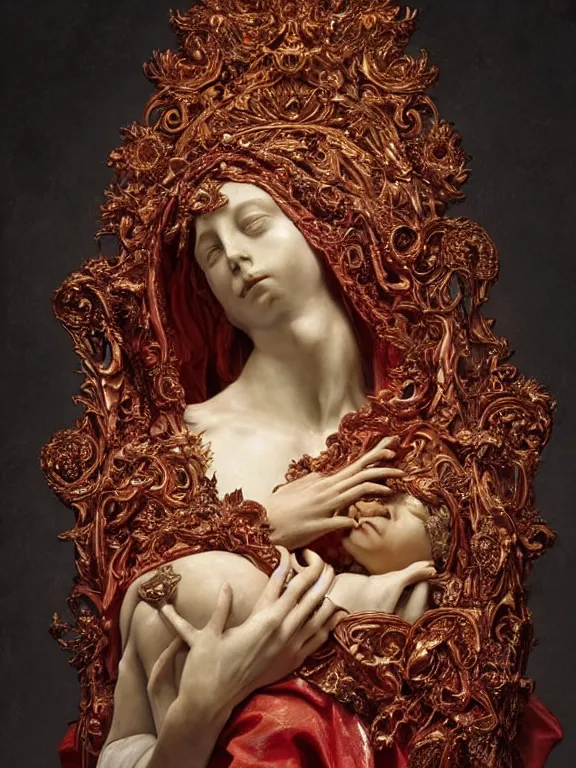 Prompt: a beautiful render of baroque catholic veiled sculpture, the red queen pieta, with symmetry intricate detailed,by LEdmund Leighton, peter gric,aaron horkey,Billelis,trending on pinterest,hyperreal,jewelry,gold,intricate,maximalist,glittering,golden ratio,cinematic lighting