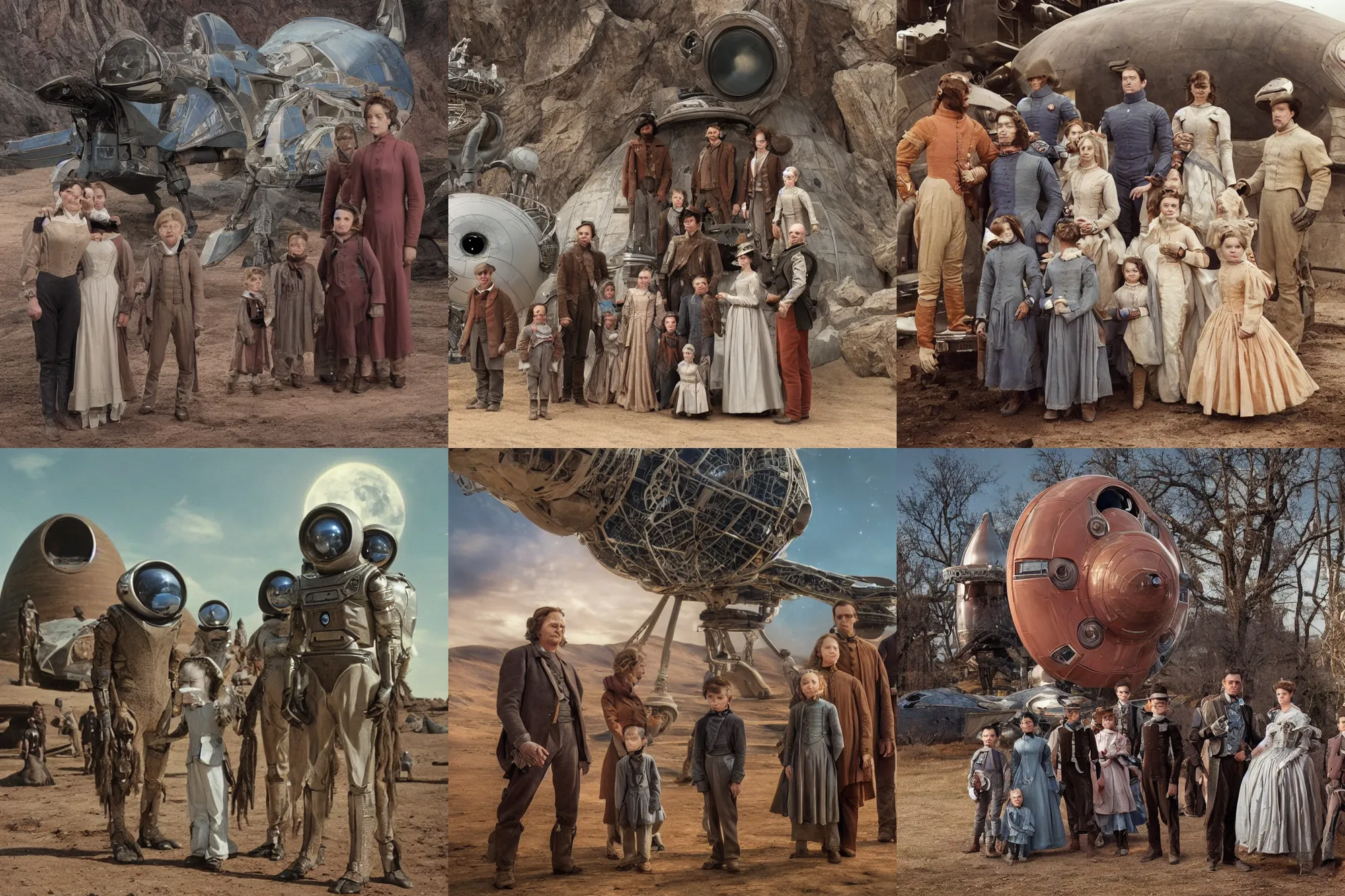 Prompt: highly detailed, 64777216k film still from a sci fi blockbuster color movie made in 2019, set in 1860, of a family standing in front of a spaceship that has just landed on an alien planet, a humanoid alien creature stands nearby, the family are all wearing 1860s era clothes, in focus, good lighting, good photography, ultra high definition