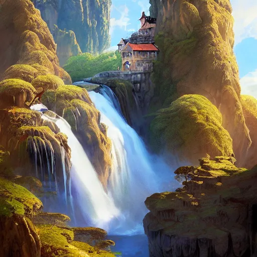 Image similar to A beautiful digital painting of a castle, waterfall, lovely valley by Stanley Artgerm Lau, frank frazetta, Rossdraws, James Jean, gerald brom, Andrei Riabovitchev, Marc Simonetti, and Sakimichan, trending on artstation