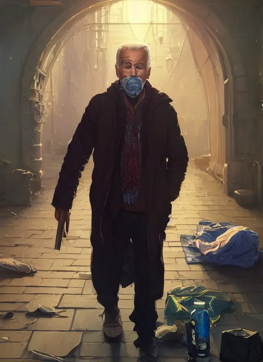 Image similar to Highly detailed portrait of homeless Joe Biden, in GTA V, Stephen Bliss, unreal engine, fantasy art by Greg Rutkowski, Loish, Rhads, ferdinand knab, Makoto Shinkai and Lois van baarle, ilya kuvshinov, rossdraws, Tom Bagshaw, alphonse mucha, global illumination, radiant light, detailed and intricate environment