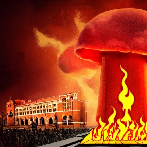 Image similar to high quality photo of Red Square with flames and mushroom cloud on background, highly detailed, 8k, professional