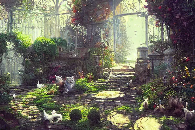 Prompt: The Secret Garden of cats, painting in the style by Greg Rutkowski