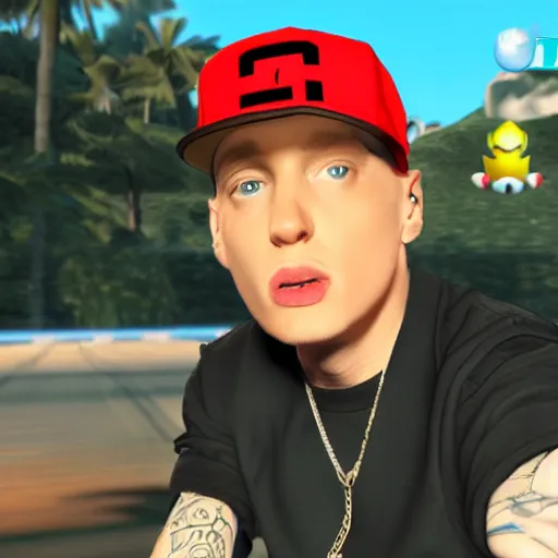 Image similar to video game screenshot of eminem in mario kart