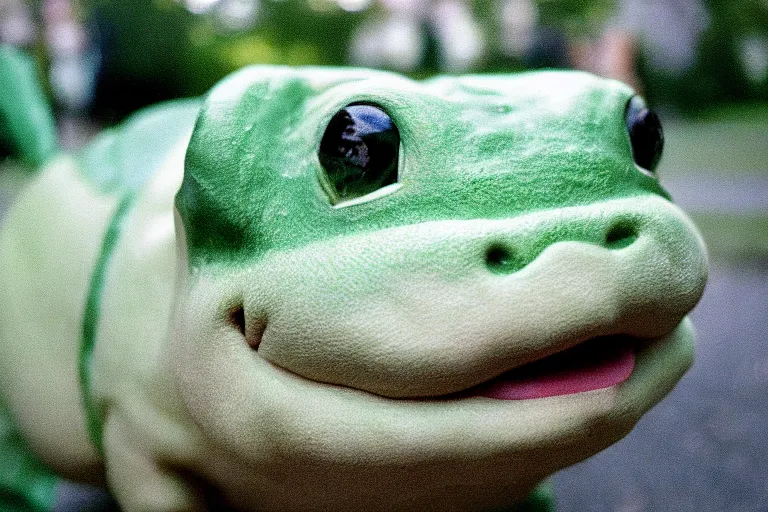 Image similar to closeup potrait of bulbasaur in central park, natural light, sharp, detailed face, magazine, press, photo, Steve McCurry, David Lazar, Canon, Nikon, focus