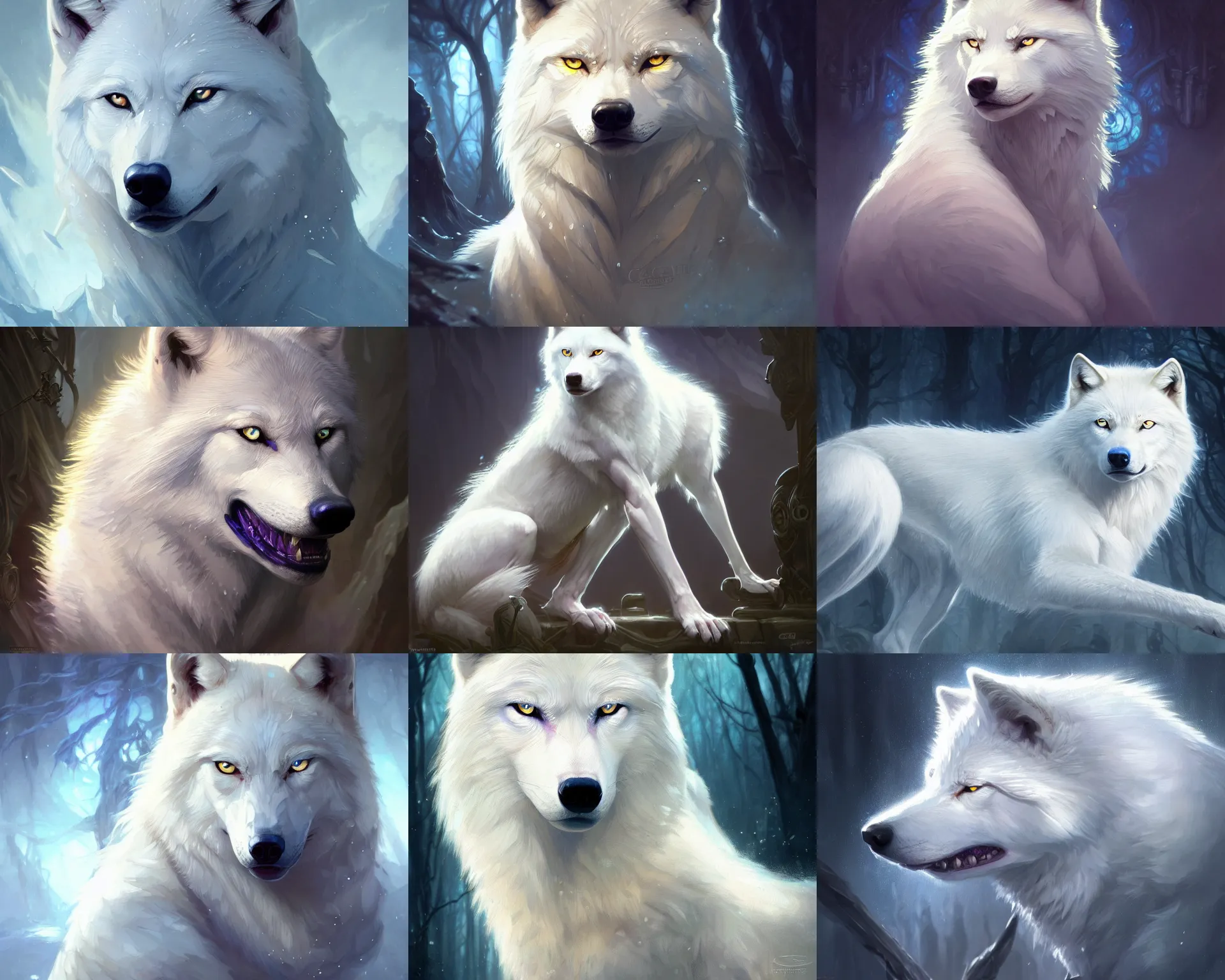 Prompt: photography of a albino wolf with blue eyes, deep focus, d & d, fantasy, intricate, elegant, highly detailed, digital painting, artstation, concept art, matte, sharp focus, illustration, hearthstone, art by artgerm and greg rutkowski and alphonse mucha