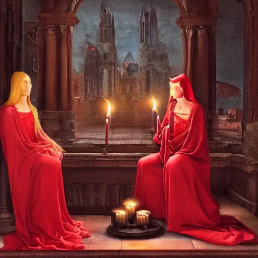 Image similar to the goddess of blood in silk robes of blood, cultists watching, red hoods, candle lights, renaissance, baroque, gothic, high detail, dark lighting, atmospheric, extremely detailed, intricate, smooth, 8 k
