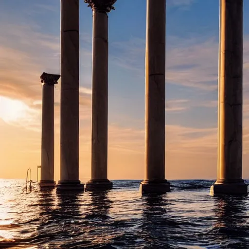 Image similar to A woman wrapped in billowing veils in the sea, under two gilded Roman columns made of human bones, sunset, super photo-realistic