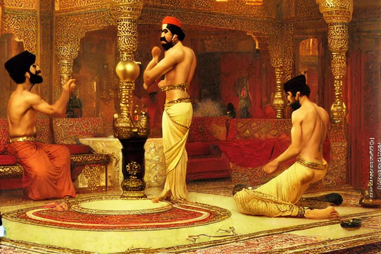 Image similar to The Persian Genie Destroys his Magic Lamp in an Opulent Turkish Salon, art by Paul Cadmus and Osman Hamdy Bey and Jean-Léon Gérôme