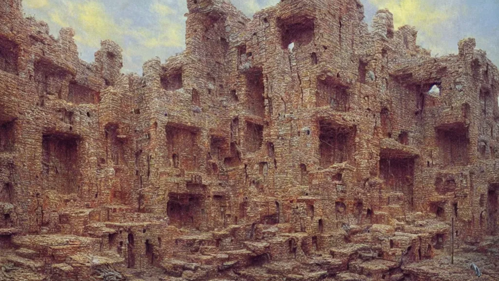 Image similar to ancient ruined relics symbolizing preponderance by beksinski and peter gric and bruce pennington