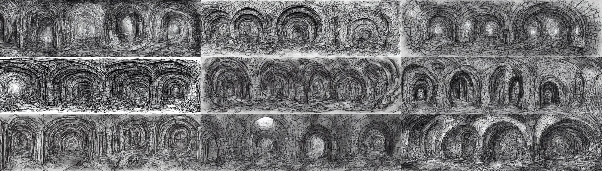 Prompt: intersection of sewer tunnels. fantasy art, underground, stream, musty, sewage, darkness, underground, catacombs, abandoned spaces, torchlight. sketch art earthdawn campaign setting. myth drannor. parlainth. by fred fields.