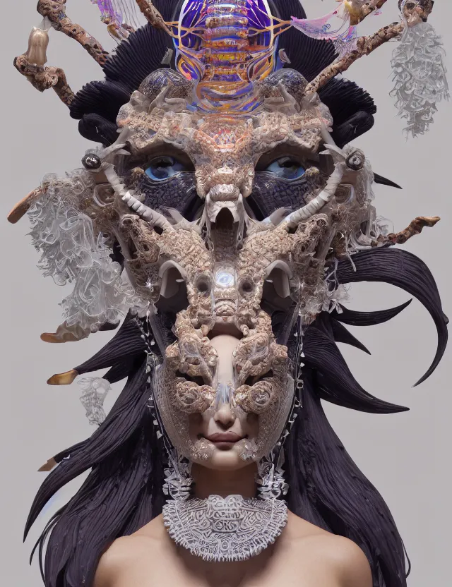 Image similar to 3 d goddess close - up 3 / 4 portrait with ram skull. beautiful intricately detailed japanese crow kitsune mask and clasical japanese kimono. betta fish, jellyfish phoenix, bio luminescent, plasma, ice, water, wind, creature, artwork by tooth wu and wlop and beeple and greg rutkowski