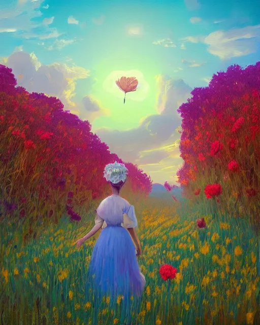 Image similar to girl with a giant carnation head, surreal photography, flower field, sunset dramatic light, impressionist painting, colorful clouds, blue sky, digital painting, artstation, simon stalenhag