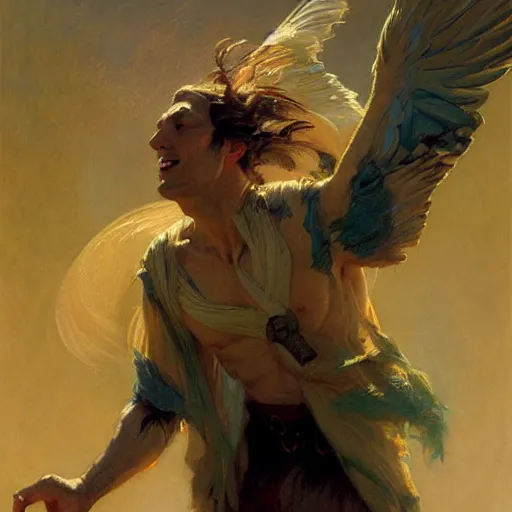 Image similar to stunning male master wizard transforming into bird, highly detailed painting by gaston bussiere, craig mullins, j. c. leyendecker, 8 k