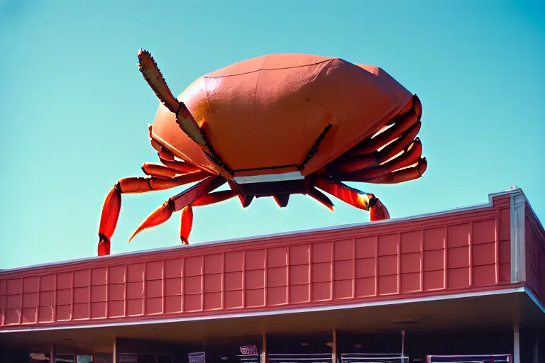 Image similar to 2 0 1 5 giant crab terrorizing a city, googie architecture, americana, fishcore, exterior photography, hd 8 k, photography cinestill