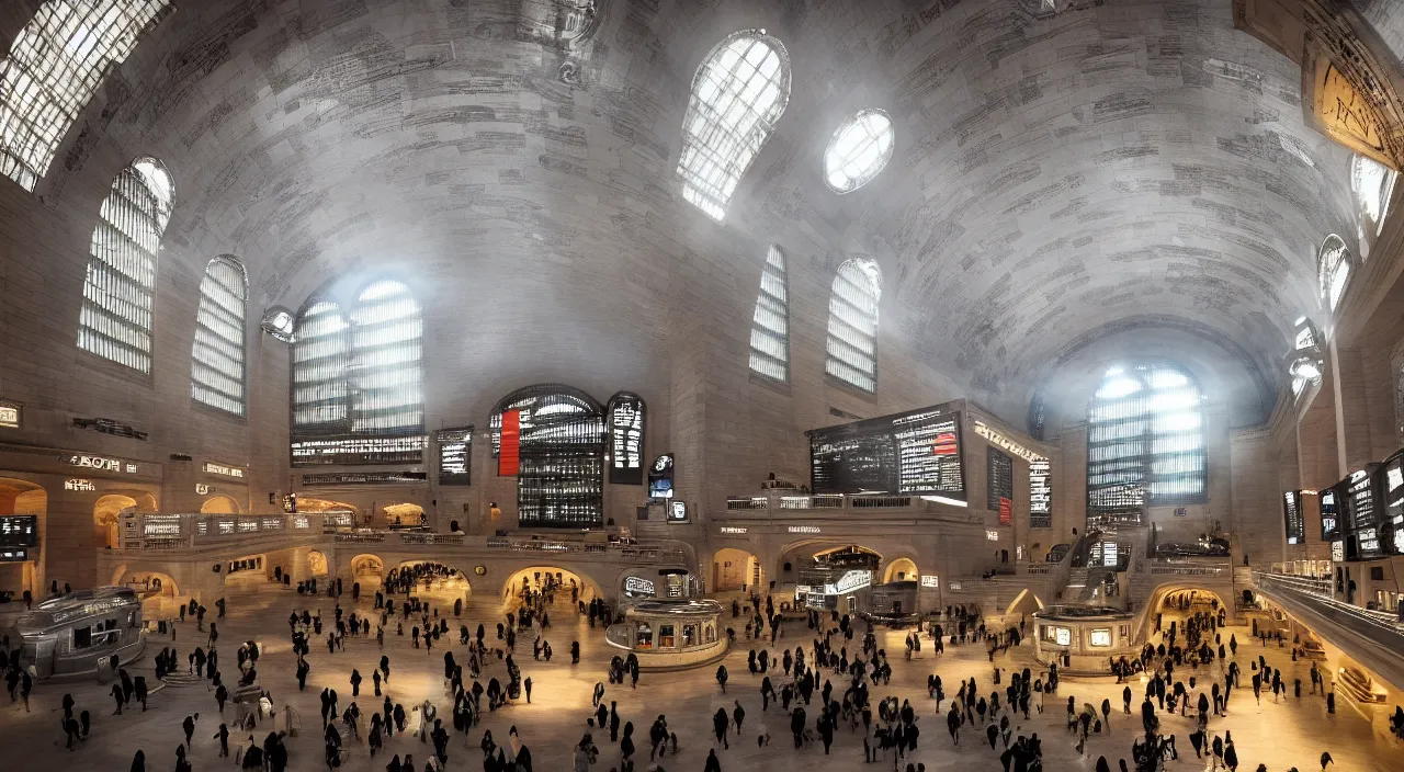 Image similar to a futuristic grand central station with portals and stargates to other worlds and times, by ridley scott, stunning atmosphere, high octane, cinematic lighting 4 k