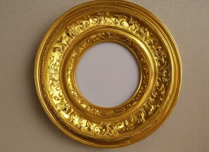 Image similar to beautiful baroque circular portrait picture frame, royal, gilded with gold, magical, fantasy, metallic