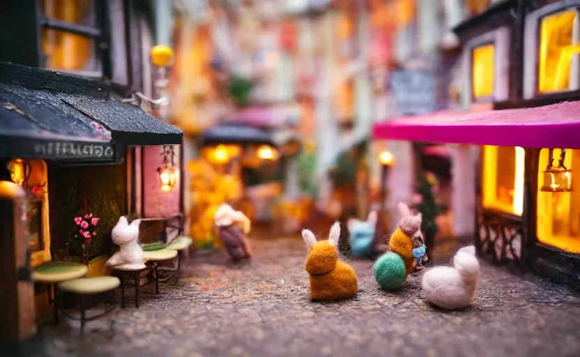 Image similar to miniature cafe diorama macro photography, cafe with felted bunnies, alleyway, ambient, atmospheric, british, cozy, bokeh, romantic, colorful lanterns